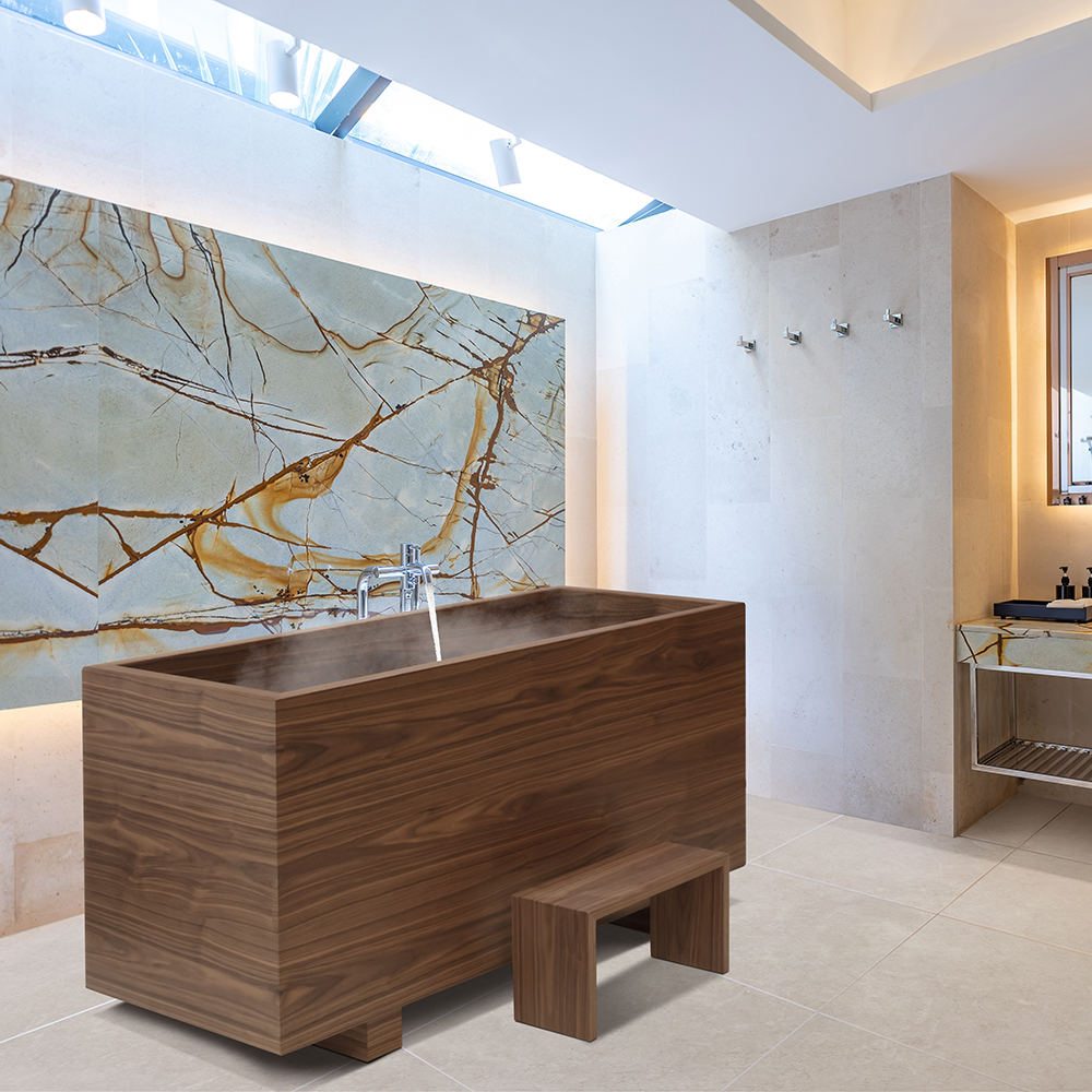 Waterproof teak wood bath and step for a bathroom and wellness spaces in a private home. All crafted by British furniture maker William Garvey