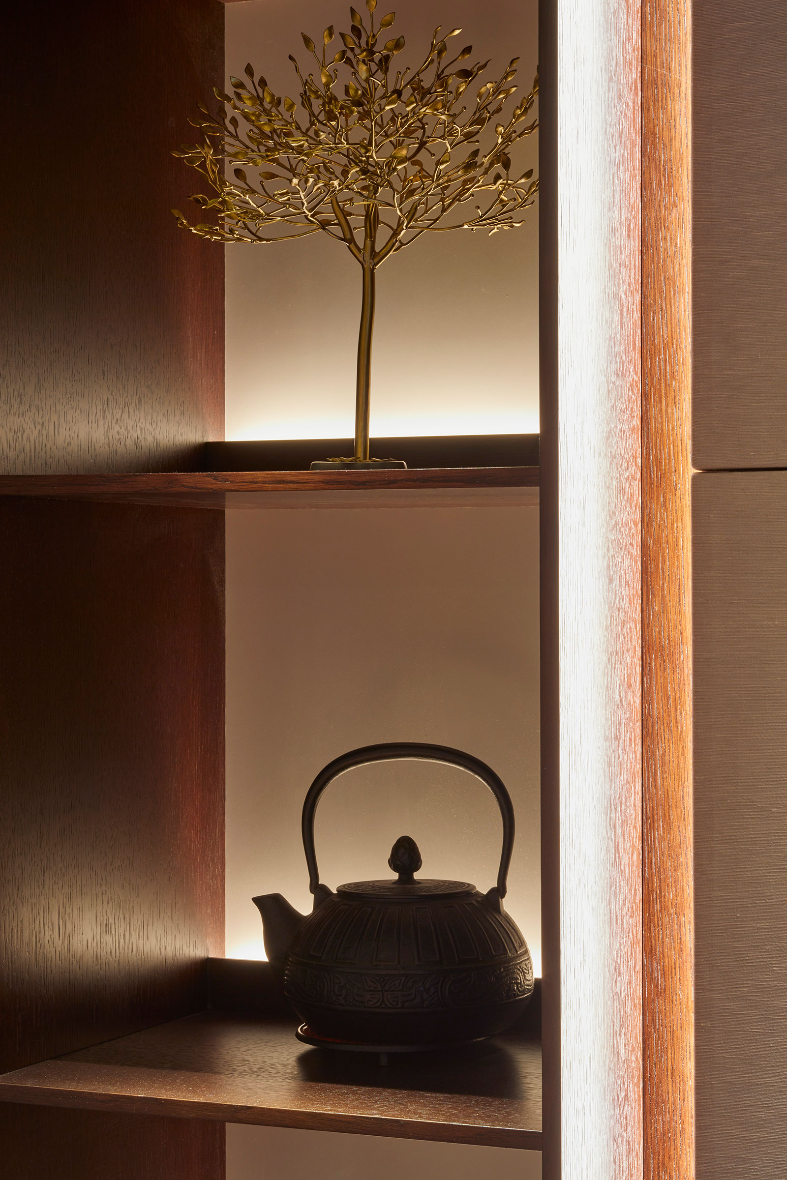 Dark timber shelving with recessed lighting. Our bespoke cabinetry extended throughout the entirety of this Notting Hill mews property. William Garvey bespoke furniture and cabinet maker