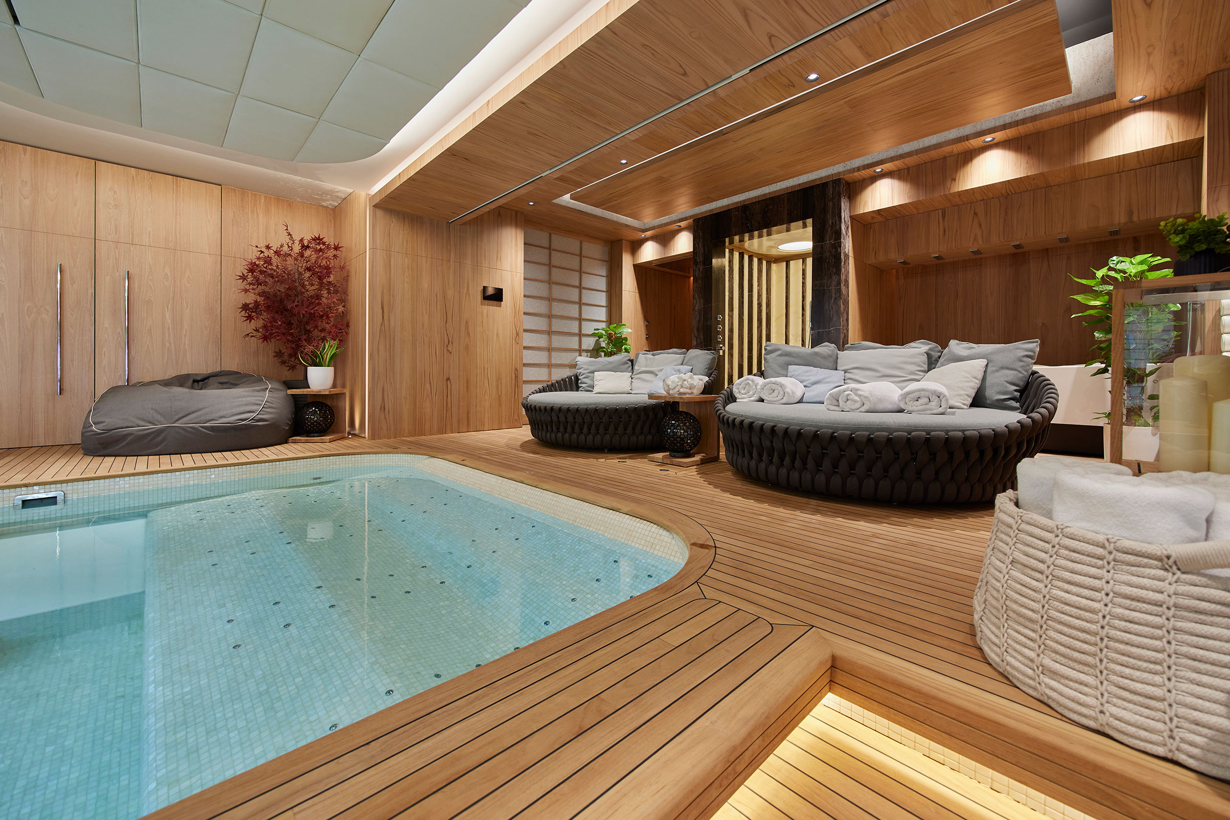 A home spa, gym, pool and treatment rooms combine to make this extensive private wellness space for a client near Sheffield. wellness spaces by British furniture maker William Garvey