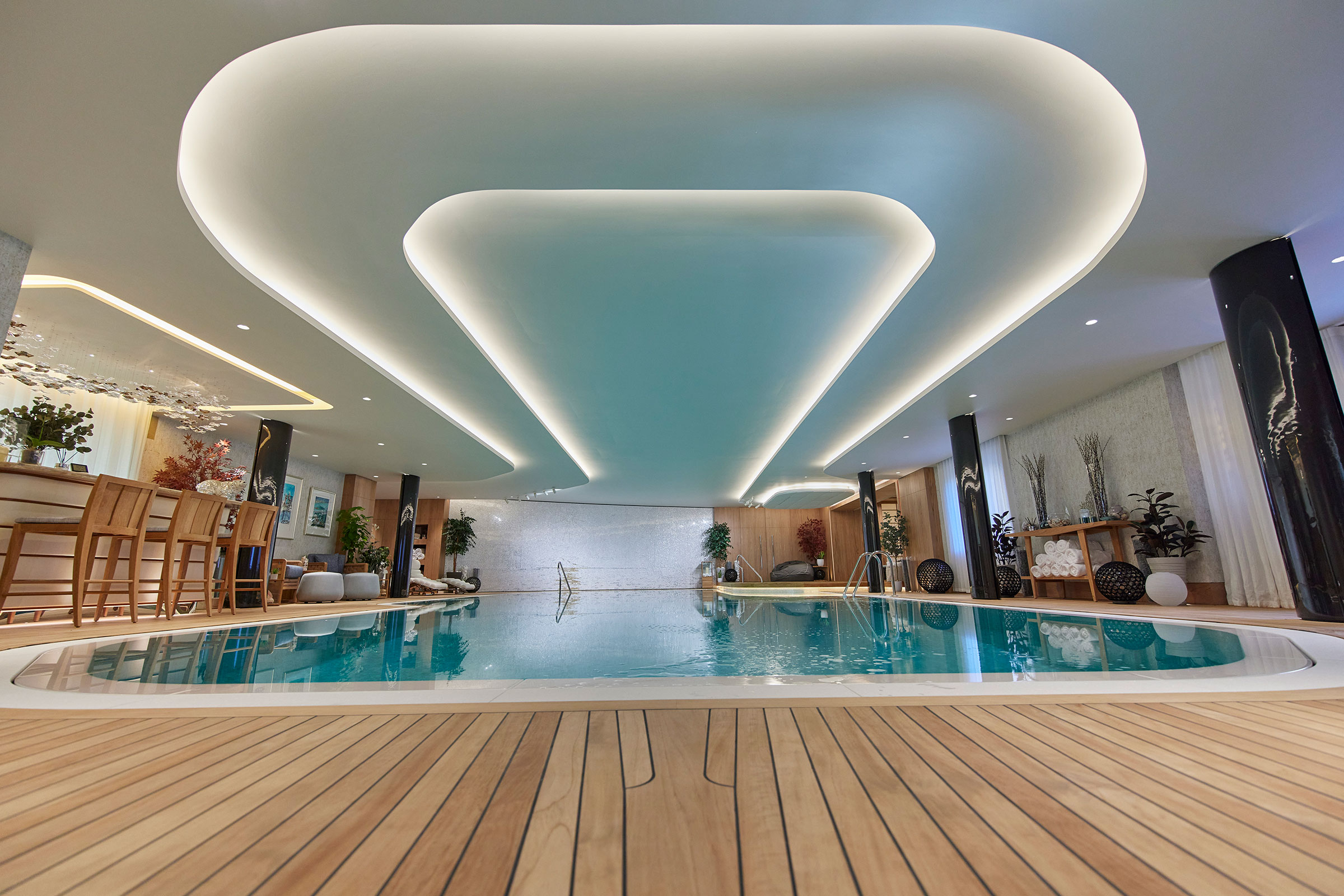 A home spa, gym, pool and treatment rooms combine to make this extensive private wellness space for a client near Sheffield. wellness spaces by British furniture maker William Garvey